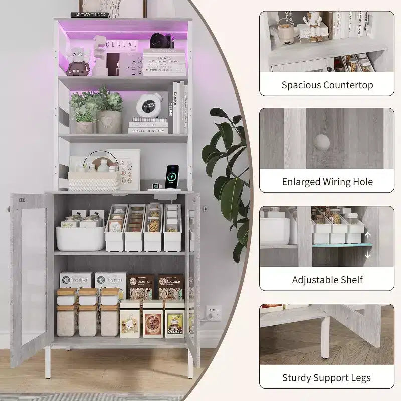 Armoire de cuisine haute de 170 cm avec lumières LED et prises de courant, étagère à vin industrielle autoportante et meuble de rangement pour salle à manger et salon