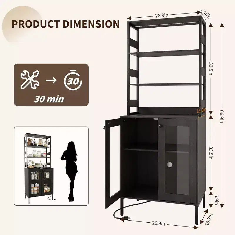 Armoire de cuisine haute de 170 cm avec lumières LED et prises de courant, étagère à vin industrielle autoportante et meuble de rangement pour salle à manger et salon