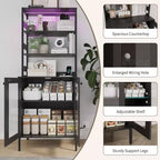 Armoire de cuisine haute de 170 cm avec lumières LED et prises de courant, étagère à vin industrielle autoportante et meuble de rangement pour salle à manger et salon