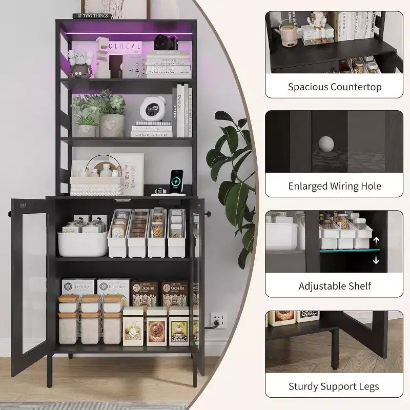 Armoire de cuisine haute de 170 cm avec lumières LED et prises de courant, étagère à vin industrielle autoportante et meuble de rangement pour salle à manger et salon