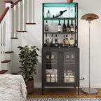 Armoire de cuisine haute de 170 cm avec lumières LED et prises de courant, étagère à vin industrielle autoportante et meuble de rangement pour salle à manger et salon