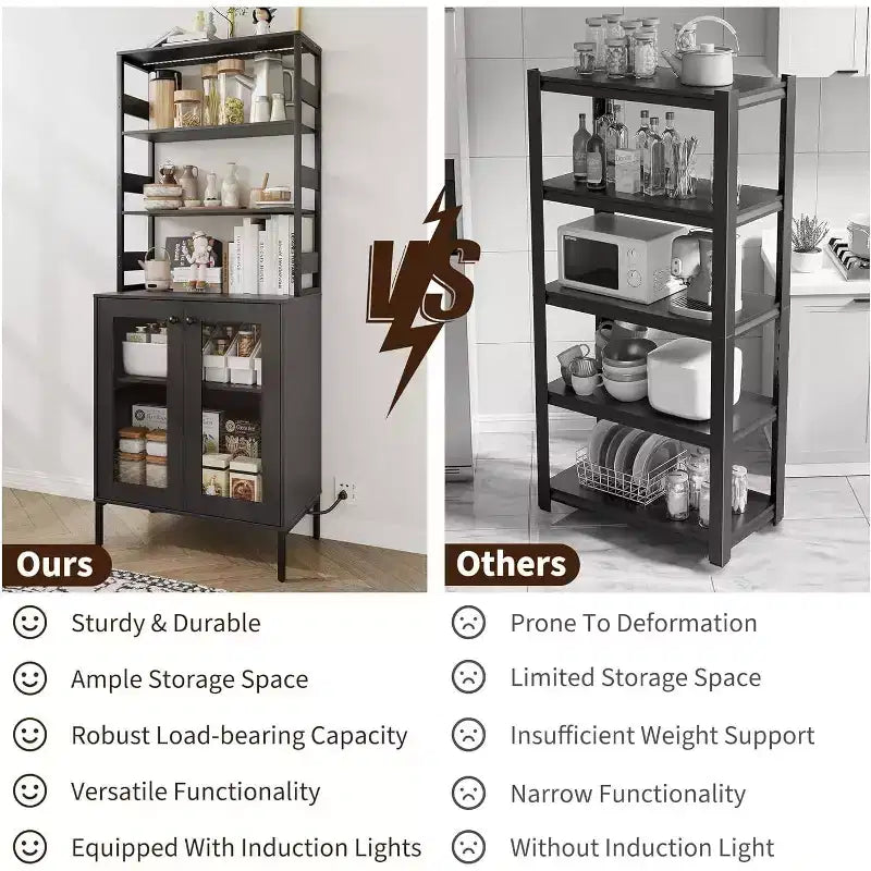 Armoire de cuisine haute de 170 cm avec lumières LED et prises de courant, étagère à vin industrielle autoportante et meuble de rangement pour salle à manger et salon