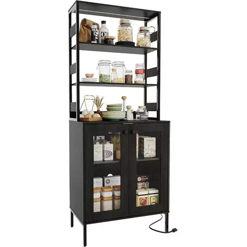 67 Tall Kitchen Pantry Bar Cabinet with LED Lights & Power Outlets, Industrial Freestanding Wine Rack & Storage Cabinet for Dining Room, Living Room