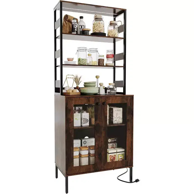 Armoire de cuisine haute de 170 cm avec lumières LED et prises de courant, étagère à vin industrielle autoportante et meuble de rangement pour salle à manger et salon