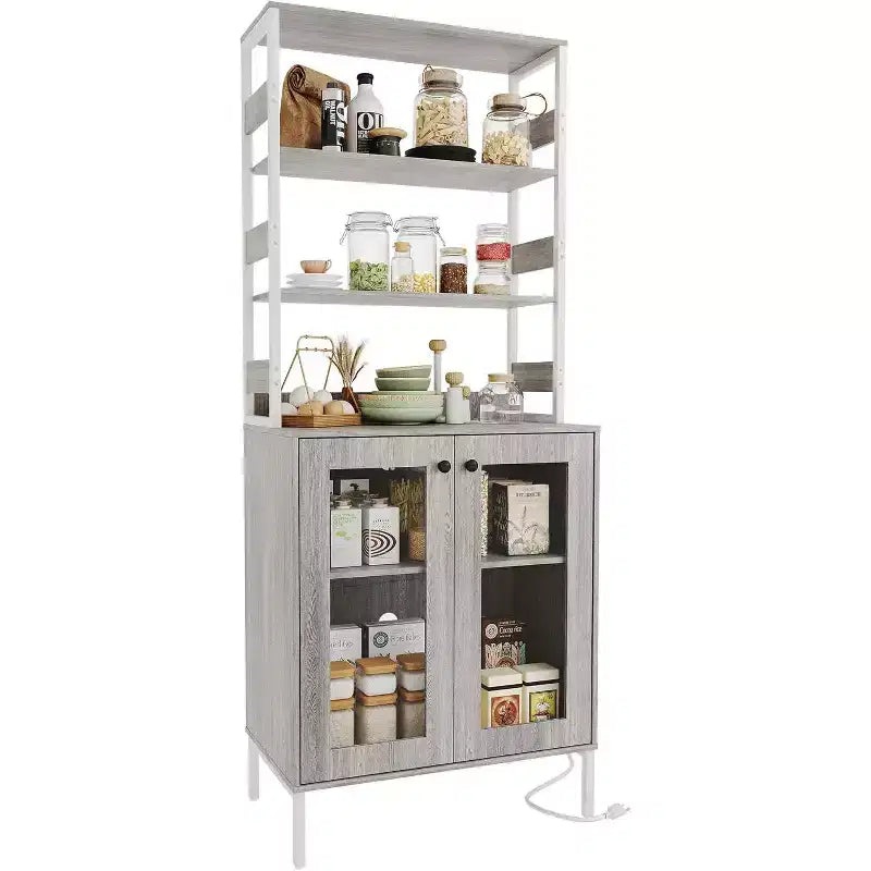 Armoire de cuisine haute de 170 cm avec lumières LED et prises de courant, étagère à vin industrielle autoportante et meuble de rangement pour salle à manger et salon