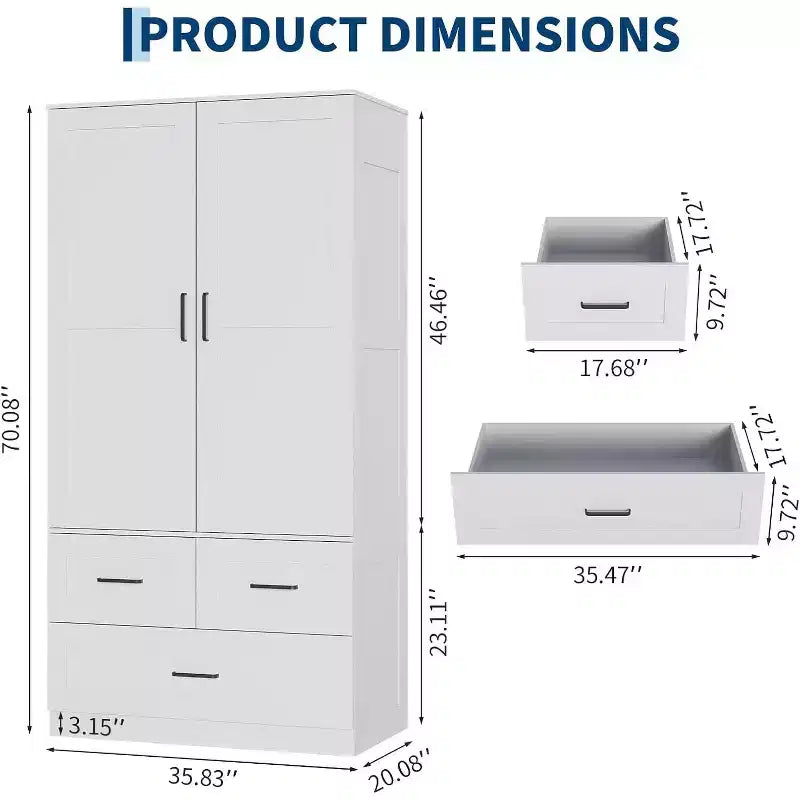 Placard de garde-robe CuisinSmart - 70 Armoires portables de chambre à coucher autoportantes avec tringle à vêtements et 3 tiroirs de rangement profonds, Rangement de vêtements en bois