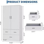 Placard de garde-robe CuisinSmart - 70 Armoires portables de chambre à coucher autoportantes avec tringle à vêtements et 3 tiroirs de rangement profonds, Rangement de vêtements en bois
