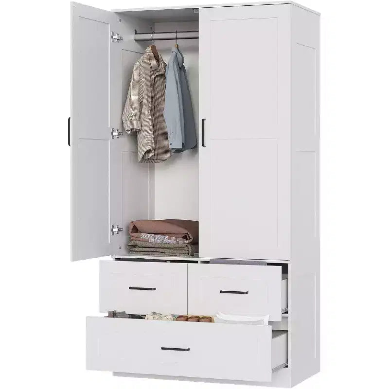 Placard de garde-robe CuisinSmart - 70 Armoires portables de chambre à coucher autoportantes avec tringle à vêtements et 3 tiroirs de rangement profonds, Rangement de vêtements en bois