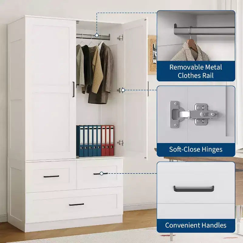 Placard de garde-robe CuisinSmart - 70 Armoires portables de chambre à coucher autoportantes avec tringle à vêtements et 3 tiroirs de rangement profonds, Rangement de vêtements en bois