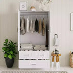 Placard de garde-robe CuisinSmart - 70 Armoires portables de chambre à coucher autoportantes avec tringle à vêtements et 3 tiroirs de rangement profonds, Rangement de vêtements en bois