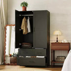 Placard de garde-robe CuisinSmart - 70 Armoires portables de chambre à coucher autoportantes avec tringle à vêtements et 3 tiroirs de rangement profonds, Rangement de vêtements en bois