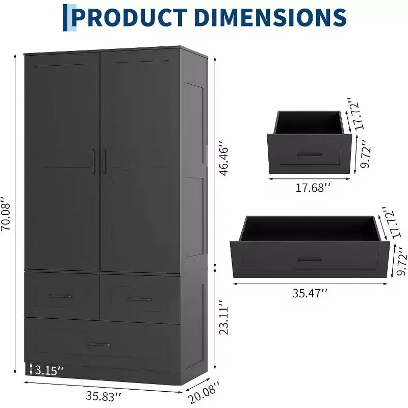 Placard de garde-robe CuisinSmart - 70 Armoires portables de chambre à coucher autoportantes avec tringle à vêtements et 3 tiroirs de rangement profonds, Rangement de vêtements en bois