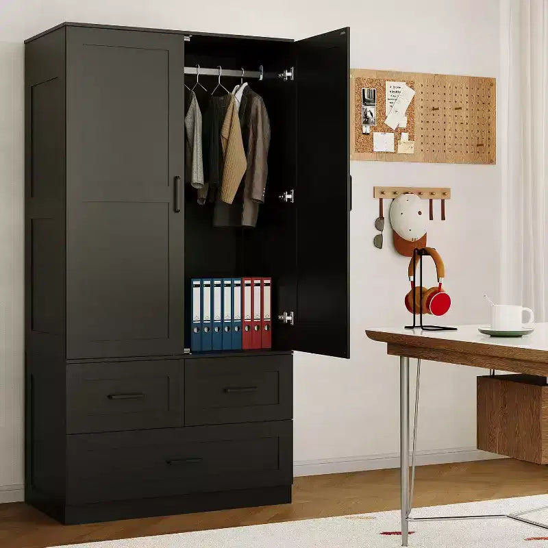 Placard de garde-robe CuisinSmart - 70 Armoires portables de chambre à coucher autoportantes avec tringle à vêtements et 3 tiroirs de rangement profonds, Rangement de vêtements en bois