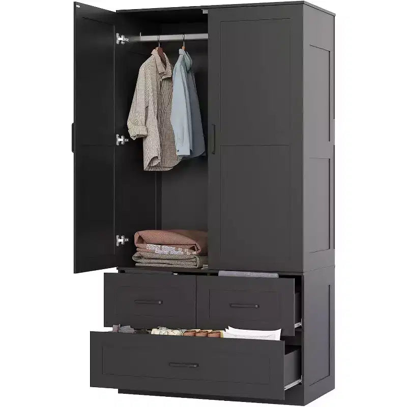 Placard de garde-robe CuisinSmart - 70 Armoires portables de chambre à coucher autoportantes avec tringle à vêtements et 3 tiroirs de rangement profonds, Rangement de vêtements en bois