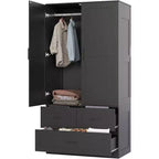 Placard de garde-robe CuisinSmart - 70 Armoires portables de chambre à coucher autoportantes avec tringle à vêtements et 3 tiroirs de rangement profonds, Rangement de vêtements en bois