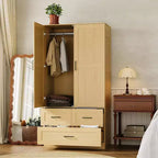 Placard de garde-robe CuisinSmart - 70 Armoires portables de chambre à coucher autoportantes avec tringle à vêtements et 3 tiroirs de rangement profonds, Rangement de vêtements en bois