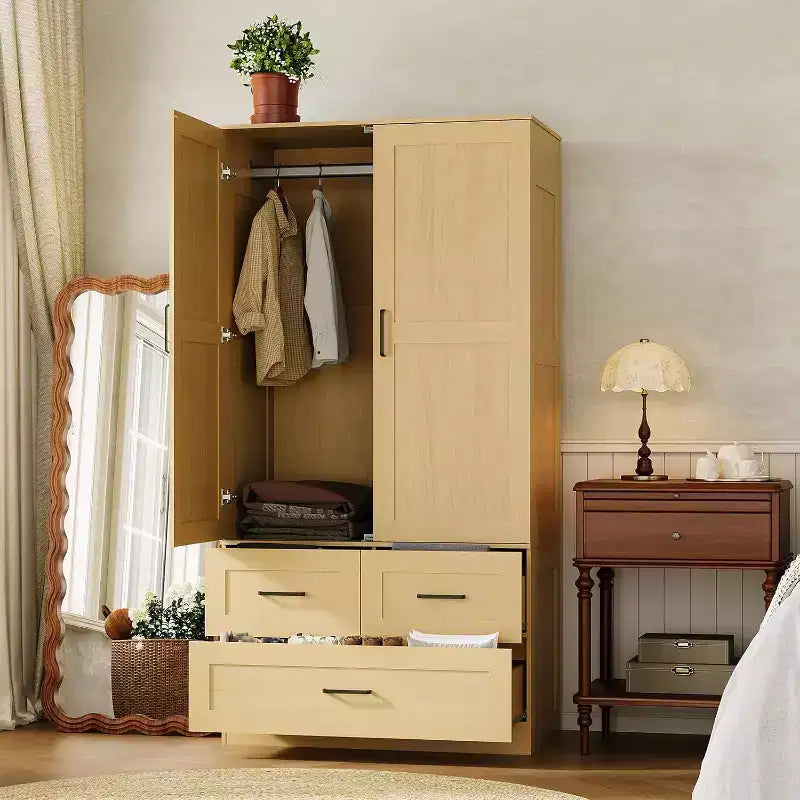 Placard de garde-robe CuisinSmart - 70 Armoires portables de chambre à coucher autoportantes avec tringle à vêtements et 3 tiroirs de rangement profonds, Rangement de vêtements en bois
