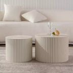 Lot de 2 tables d'appoint gigognes cylindriques beiges avec motif rayures ondulées pour salon ou chambre à coucher