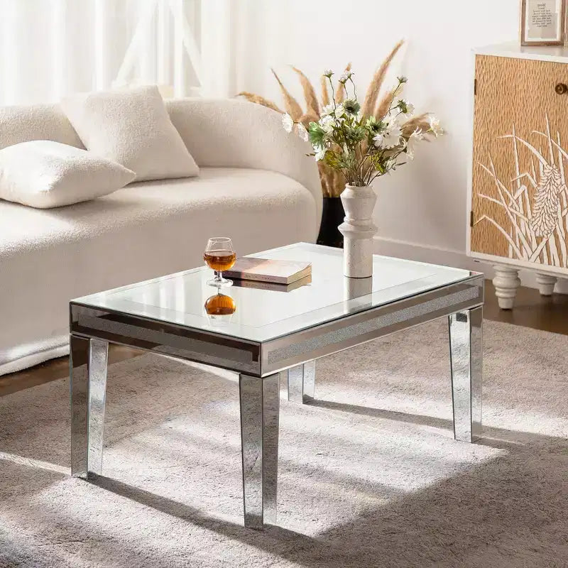 Table basse rectangulaire argentée avec bordure en cristaux concassés et finition miroir