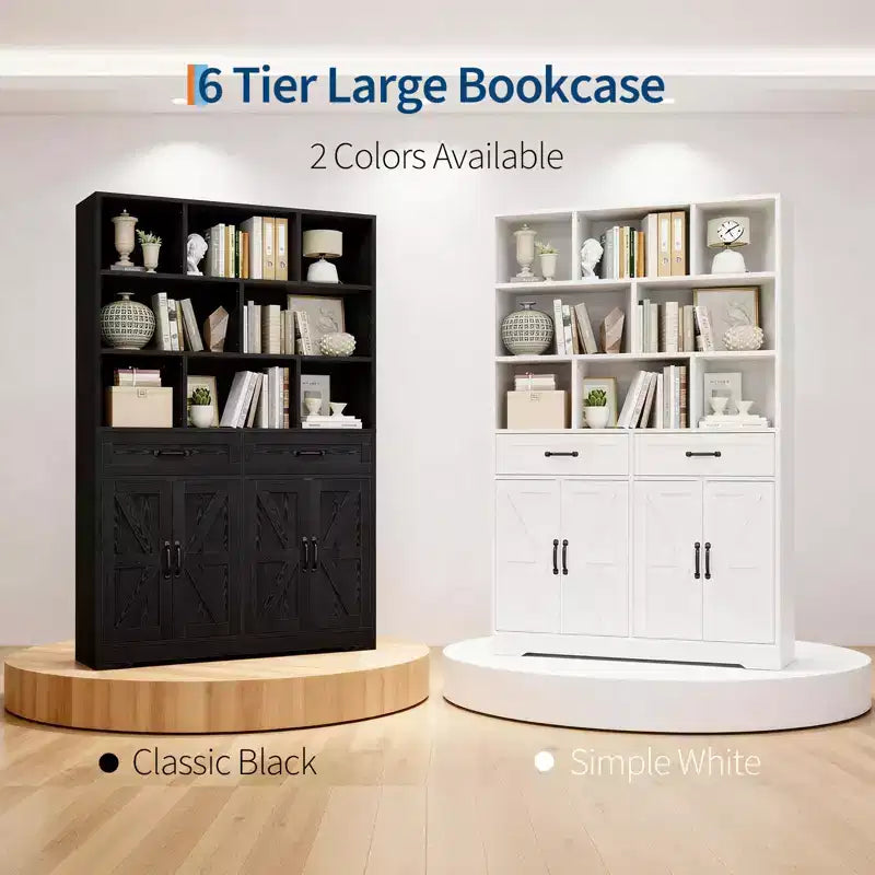 Bibliothèque haute Garvee de 180 cm avec 2 tiroirs et 4 portes, grande étagère de rangement moderne à 6 niveaux et 120 cm de large avec étagères pour salon ou bureau
