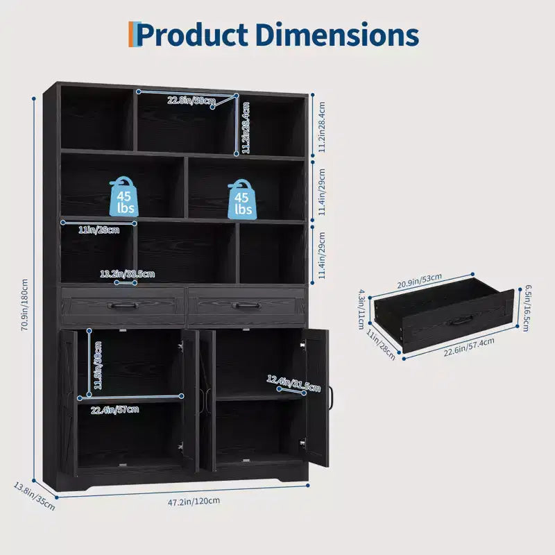 Bibliothèque haute Garvee de 180 cm avec 2 tiroirs et 4 portes, grande étagère de rangement moderne à 6 niveaux et 120 cm de large avec étagères pour salon ou bureau