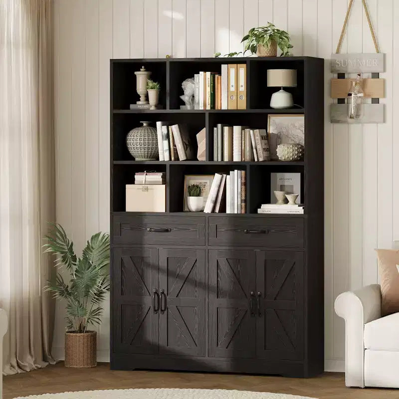 Bibliothèque haute Garvee de 180 cm avec 2 tiroirs et 4 portes, grande étagère de rangement moderne à 6 niveaux et 120 cm de large avec étagères pour salon ou bureau