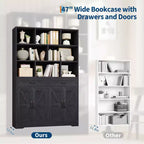 Bibliothèque haute Garvee de 180 cm avec 2 tiroirs et 4 portes, grande étagère de rangement moderne à 6 niveaux et 120 cm de large avec étagères pour salon ou bureau