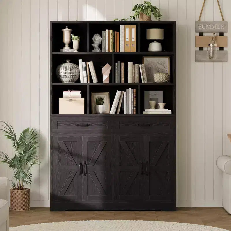 Bibliothèque haute Garvee de 180 cm avec 2 tiroirs et 4 portes, grande étagère de rangement moderne à 6 niveaux et 120 cm de large avec étagères pour salon ou bureau