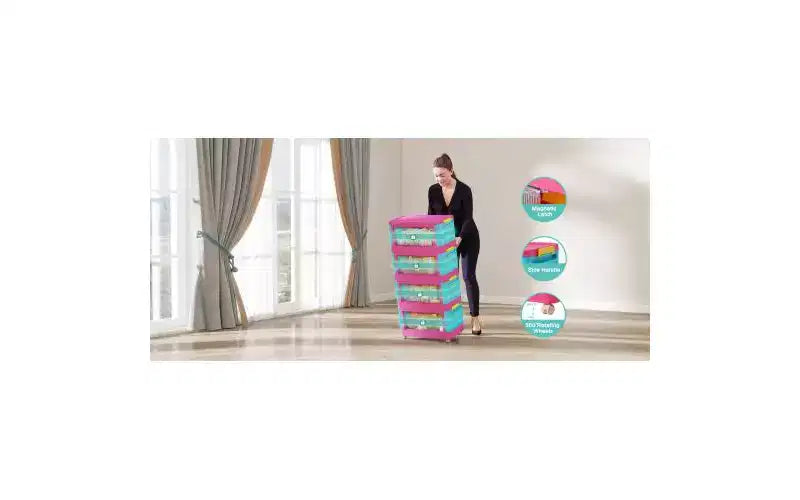 JVNOXK Armoire de rangement pliante 4 étagères 50,8 cm 4 compartiments, bacs de rangement avec portes magnétiques Armoire de rangement en plastique avec roues Bleu et rose