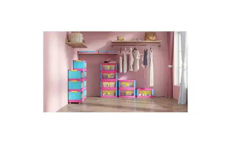 JVNOXK Armoire de rangement pliante 4 étagères 50,8 cm 4 compartiments, bacs de rangement avec portes magnétiques Armoire de rangement en plastique avec roues Bleu et rose