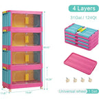 JVNOXK Armoire de rangement pliante 4 étagères 50,8 cm 4 compartiments, bacs de rangement avec portes magnétiques Armoire de rangement en plastique avec roues Bleu et rose