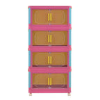 JVNOXK Armoire de rangement pliante 4 étagères 50,8 cm 4 compartiments, bacs de rangement avec portes magnétiques Armoire de rangement en plastique avec roues Bleu et rose