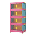 JVNOXK Armoire de rangement pliante 4 étagères 50,8 cm 4 compartiments, bacs de rangement avec portes magnétiques Armoire de rangement en plastique avec roues Bleu et rose