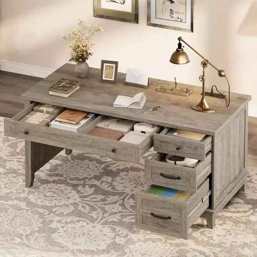53.5 Executive Desk with 4 Drawers, Wooden Home Office Desk with File Cabinet, Farmhouse Computer Writing Desk for Study, Grey