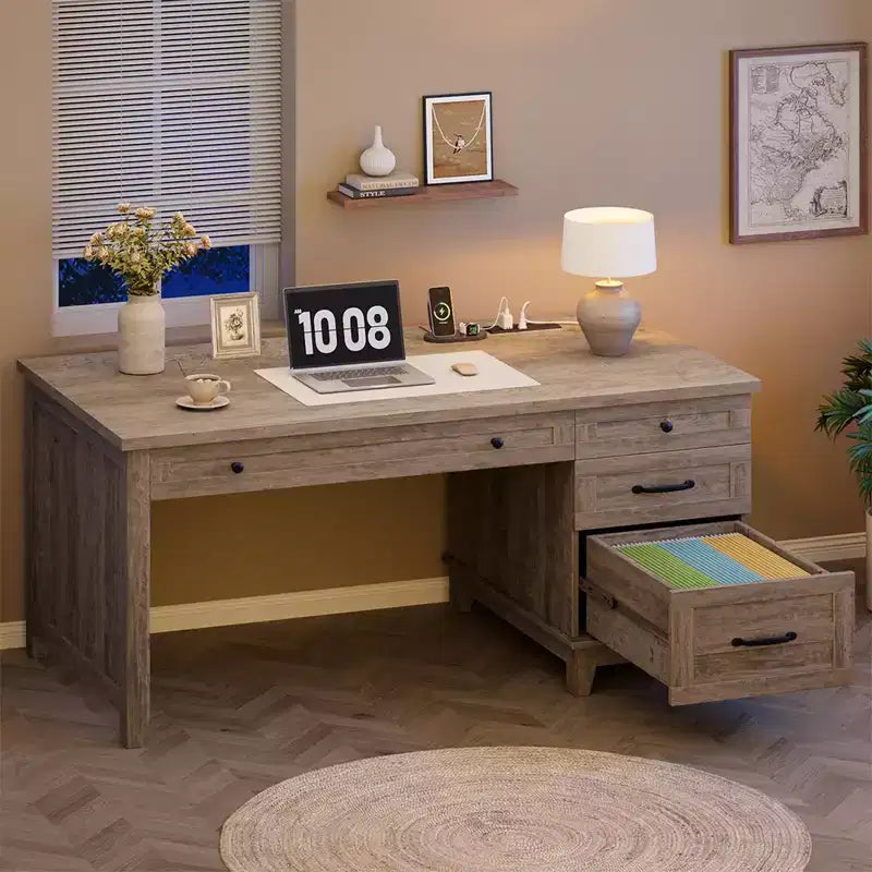 Bureau de direction 53,5 po avec 4 tiroirs, bureau d'ordinateur en bois pour bureau à domicile avec classeur, bureau d'écriture de style rustique pour l'étude, gris