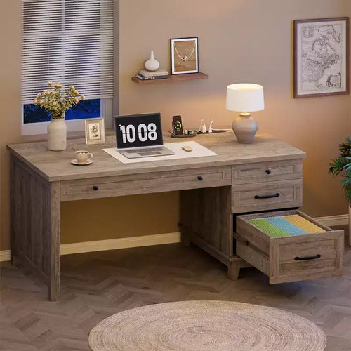 Bureau de direction 53,5 po avec 4 tiroirs, bureau d'ordinateur en bois pour bureau à domicile avec classeur, bureau d'écriture de style rustique pour l'étude, gris