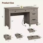 Bureau de direction 53,5 po avec 4 tiroirs, bureau d'ordinateur en bois pour bureau à domicile avec classeur, bureau d'écriture de style rustique pour l'étude, gris