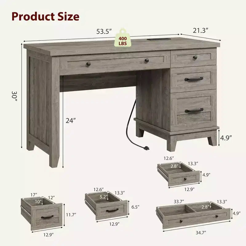 Bureau de direction 53,5 po avec 4 tiroirs, bureau d'ordinateur en bois pour bureau à domicile avec classeur, bureau d'écriture de style rustique pour l'étude, gris