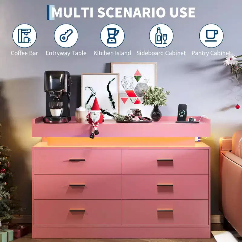 Commode moderne à 6 tiroirs, meuble TV et meuble de rangement avec plateau flottant, buffet neutre pour salon, chambre ou salle à manger