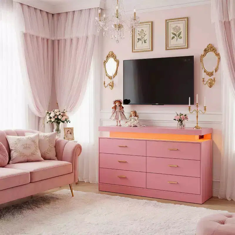Commode moderne à 6 tiroirs, meuble TV et meuble de rangement avec plateau flottant, buffet neutre pour salon, chambre ou salle à manger