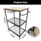 Desserte de cuisine, Chariot de rangement roulant à 3 niveaux avec roulettes verrouillables, Desserte de cuisine vintage pour micro-ondes pour îlot de cuisine, salon, bureau, noir