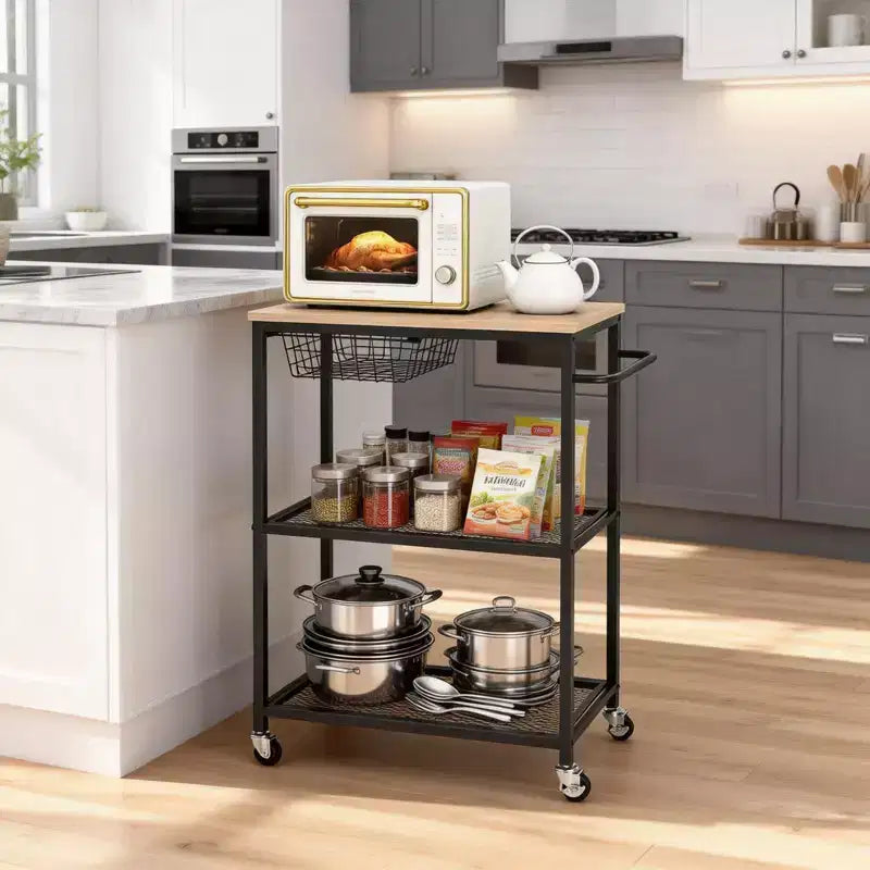 Desserte de cuisine, Chariot de rangement roulant à 3 niveaux avec roulettes verrouillables, Desserte de cuisine vintage pour micro-ondes pour îlot de cuisine, salon, bureau, noir