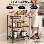 Desserte de cuisine, Chariot de rangement roulant à 3 niveaux avec roulettes verrouillables, Desserte de cuisine vintage pour micro-ondes pour îlot de cuisine, salon, bureau, noir