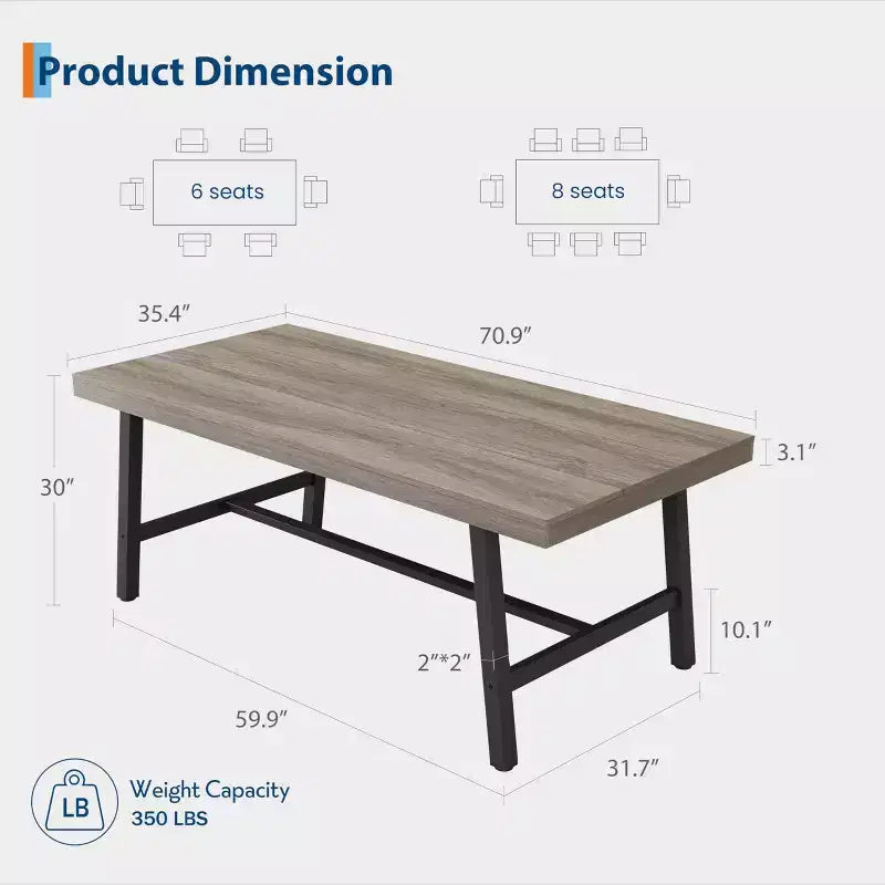Table de cuisine longue en bois de 70,87 po avec cadre en métal robuste et finition poirier pour dîner, cuisine, salle à manger