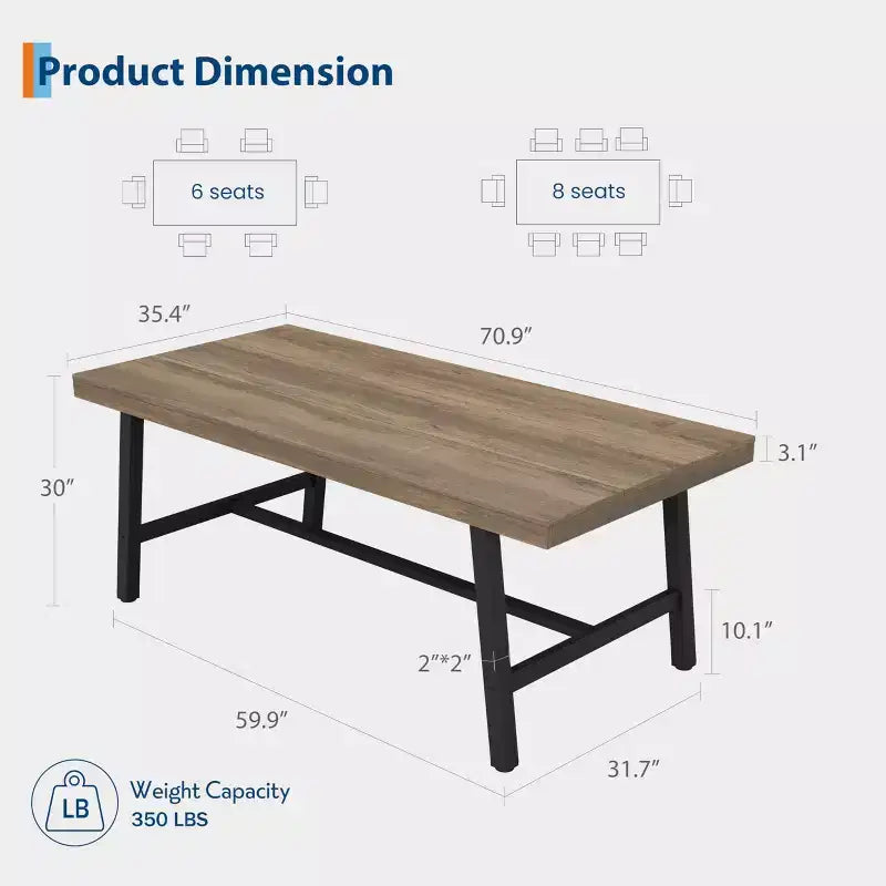 Table de cuisine longue en bois de 70,87 po avec cadre en métal robuste et finition poirier pour dîner, cuisine, salle à manger