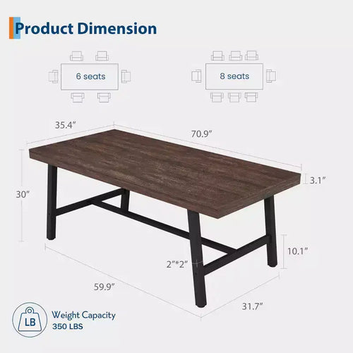 Table de cuisine longue en bois de 70,87 po avec cadre en métal robuste et finition poirier pour dîner, cuisine, salle à manger