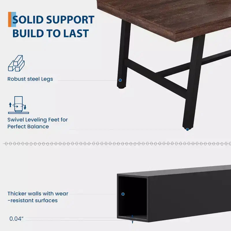 Table de cuisine longue en bois de 70,87 po avec cadre en métal robuste et finition poirier pour dîner, cuisine, salle à manger