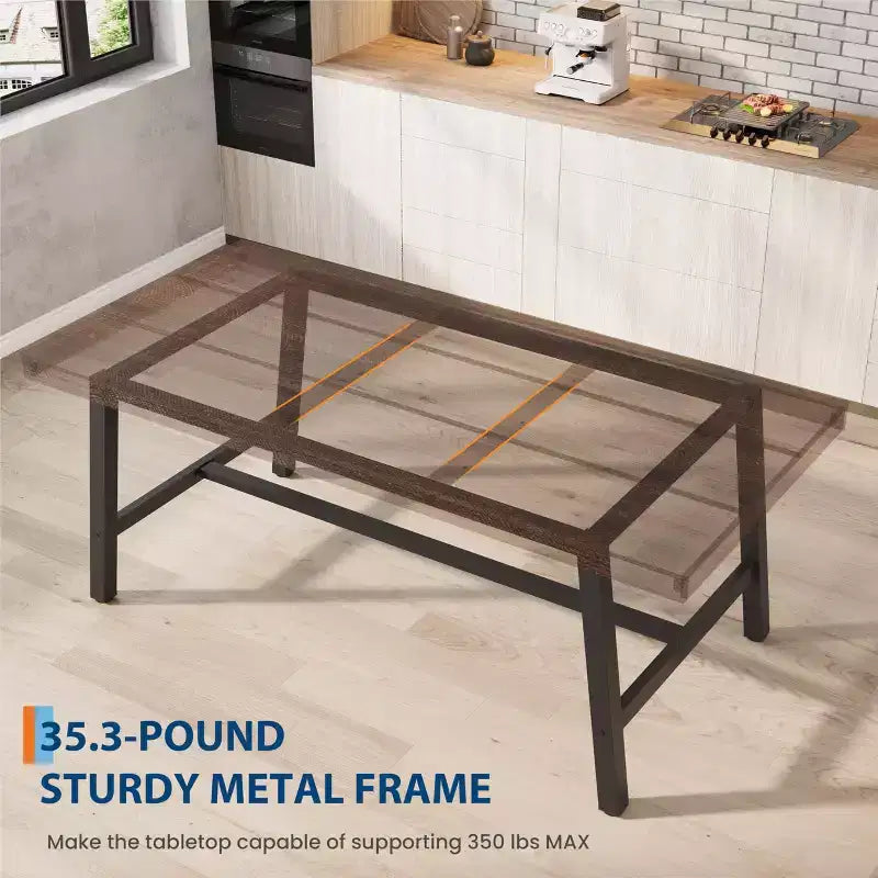 Table de cuisine longue en bois de 70,87 po avec cadre en métal robuste et finition poirier pour dîner, cuisine, salle à manger