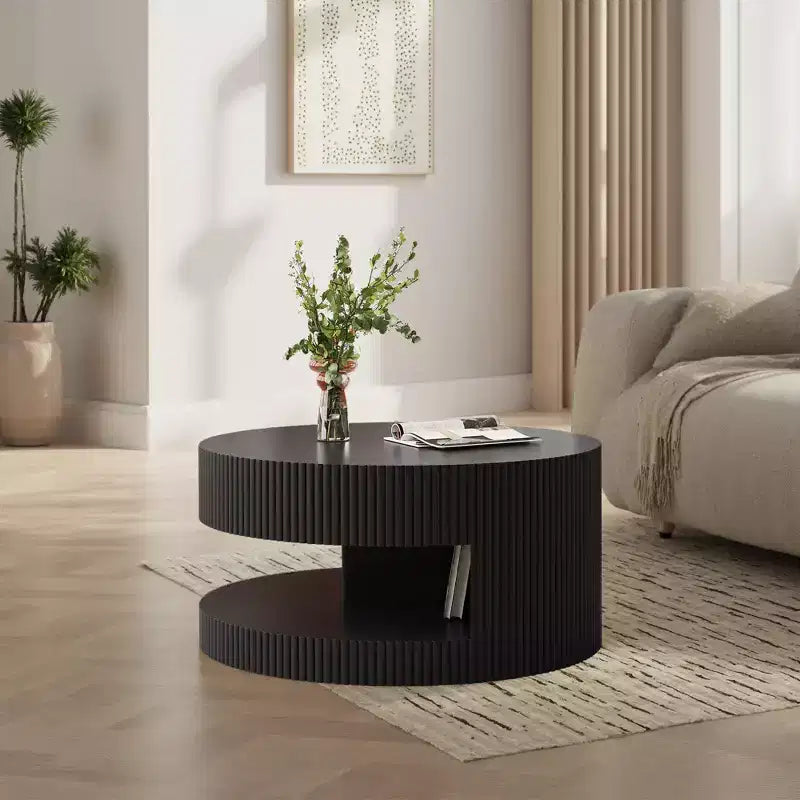 JVNOXK Table basse ronde moderne de 80 cm, table d'appoint à rayures verticales avec étagère ouverte, convient pour la chambre ou le salon, noire