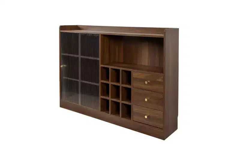JVNOXK Buffet de 47 pouces avec deux portes coulissantes en verre rayé, meuble de rangement autonome sur comptoir, idéal pour le rangement des bouteilles de vin, couleur noyer